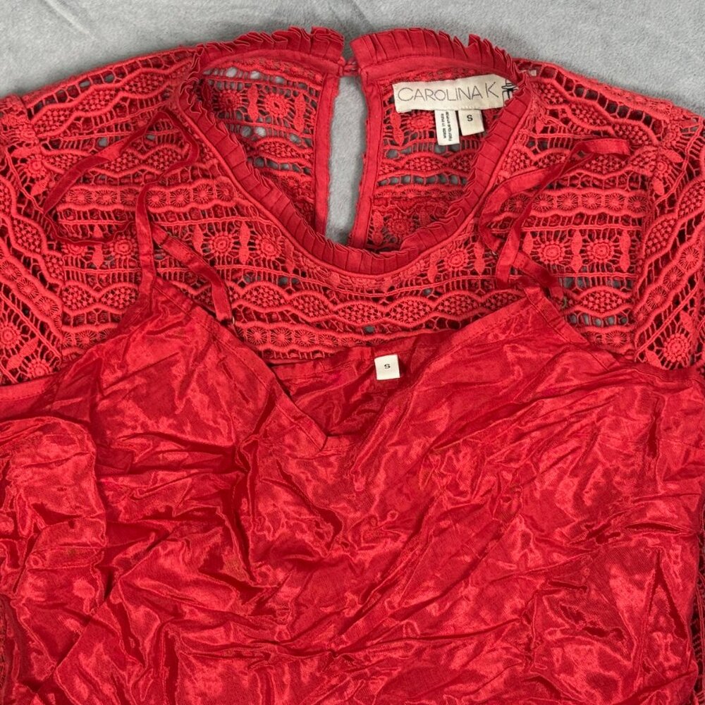 Carolina K Berenice Coral Red Cotton Crochet Peplum Top - Picture 4 of 9